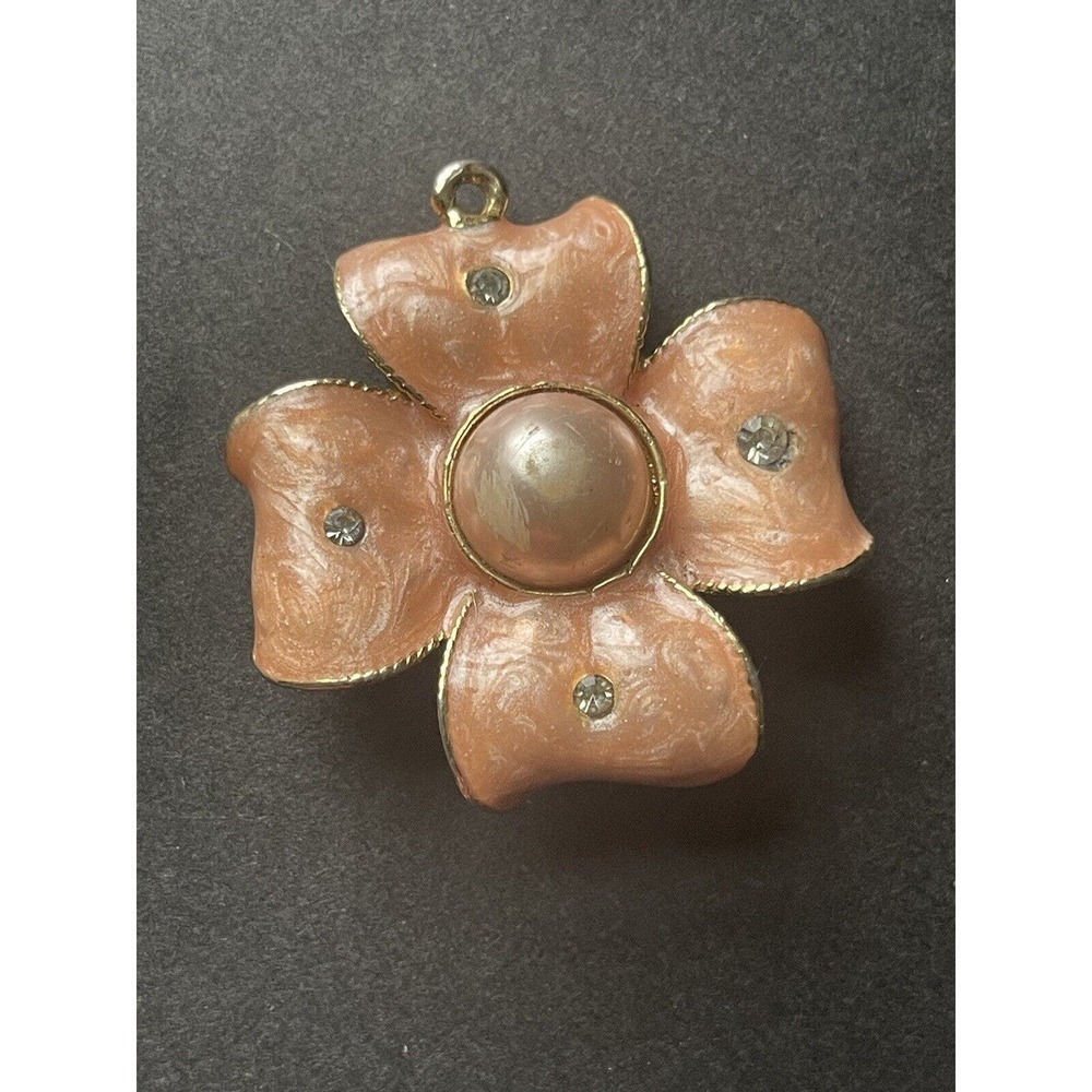 Two Sisters Pink Coral Enamel Pearl Flower Pin Brooch Pendant Floral Garden
